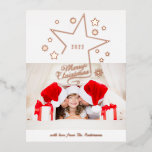 Merry Christmas Star 1 Photo Modern Winter Foil Holiday Postcard<br><div class="desc">Merry Christmas Star 1 Photo Modern Winter Rose Gold Foil Christmas Postcards features your favourite photo on a white background accented with stars and the text "Merry Christmas" in a rose gold foil calligraphy script overlay. Personalise by editing the text in the text boxes provided. Designed by ©Evco Studio www.zazzle.com/store/evcostudio...</div>