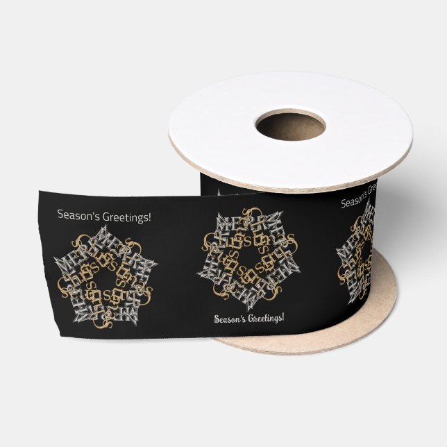 Merry Christmas Star Pattern Gold, Silver, Black Satin Ribbon (Spool)