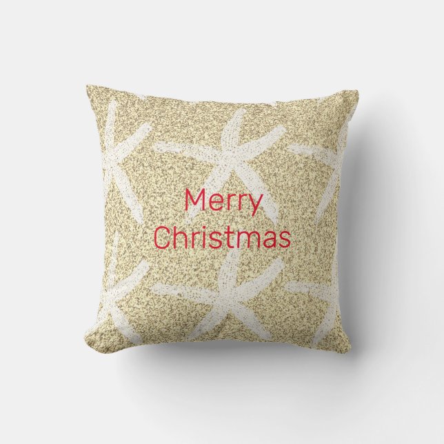 Merry Christmas Starfish Gold Red White Glittery Cushion (Front)
