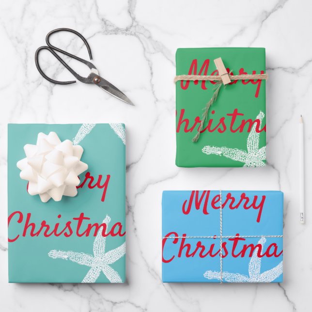 Merry Christmas Starfish Pattern Teal Green 2023 Wrapping Paper Sheet (Front)