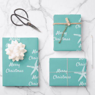 Merry Christmas Starfish Patterns Teal White Beach Wrapping Paper Sheet