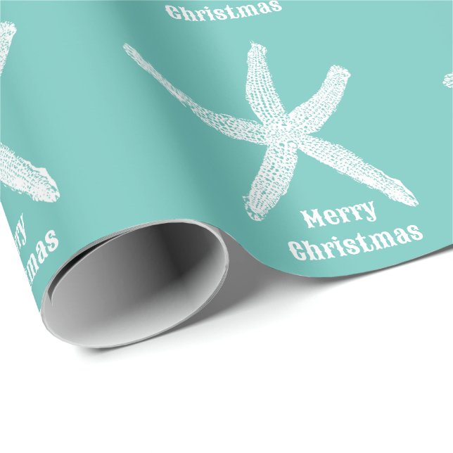 Merry Christmas Starfish Teal Blue Beach Custom Wrapping Paper (Roll Corner)