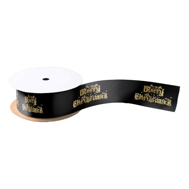 Merry Christmas Starry Black Gold Typography Satin Ribbon (Spool)