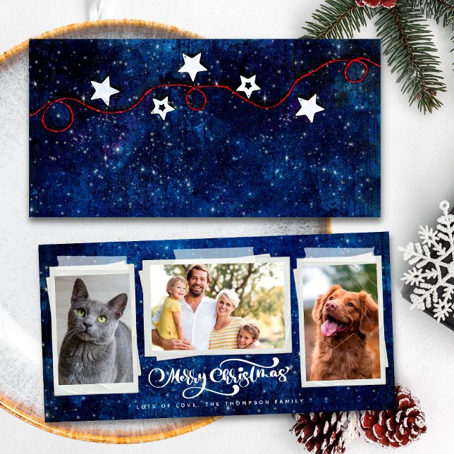 Merry Christmas Starry Night 3 Photo Collage Holiday Card (Front / Back)
