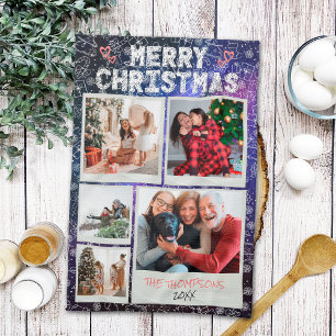 Merry Christmas Starry Night Doodle 5 Photo Family Tea Towel