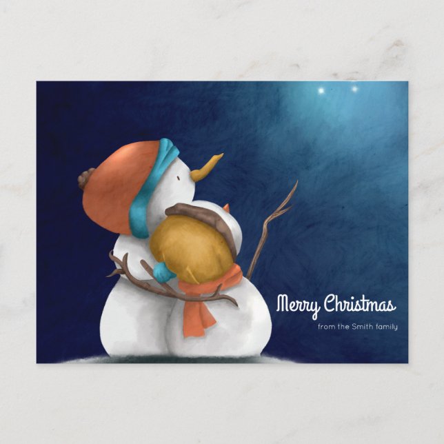 Merry Christmas Starry night with Snowmen hugging Postcard (Front)