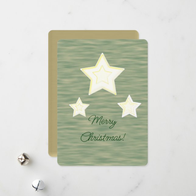Merry Christmas Stars Faux Wood Flat Holiday Card (Front/Back In Situ)