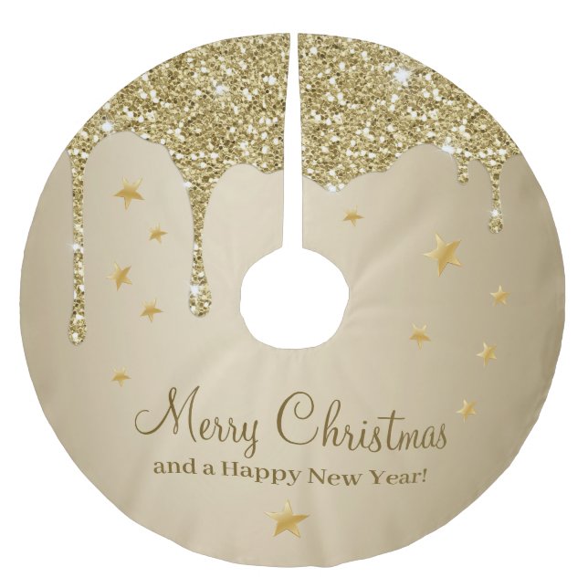 Merry Christmas Stars Melting Gold Glittery Glam Brushed Polyester Tree Skirt (Front)