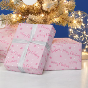 Merry Christmas Stars Polka Dots Pink Christmas Wrapping Paper