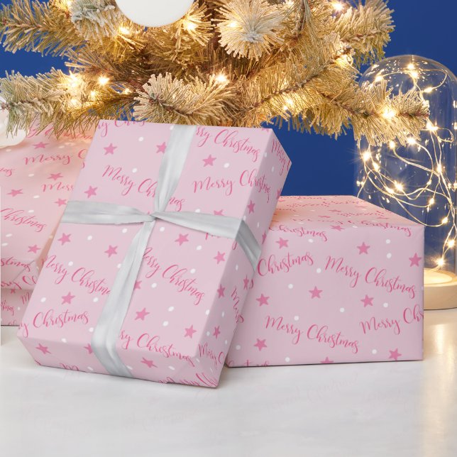 Merry Christmas Stars Polka Dots Pink Christmas Wrapping Paper (Holidays)