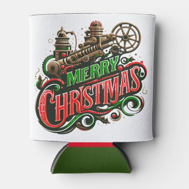 Merry Christmas steampunk Can Cooler (Front)