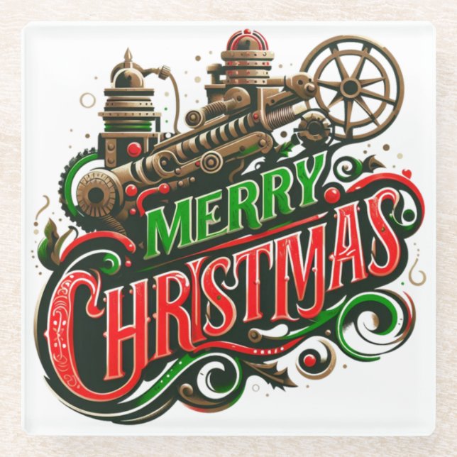 Merry Christmas steampunk Glass Coaster (Front)