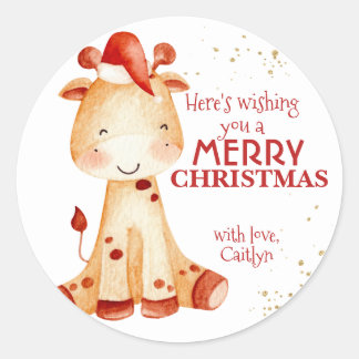 Merry Christmas Sticker, Giraffe Santa, Kids Xmas Classic Round Sticker