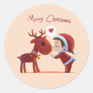 Merry Christmas Sticker – Santa & Reindeer Kiss –