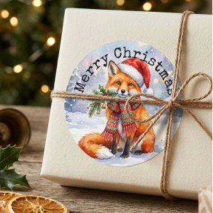 Merry Christmas Sticker - Watercolor Winter Fox
