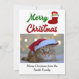 Merry Christmas Stocking photo red green script  Holiday Card