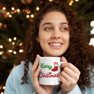 Merry Christmas Stocking red green half script Coffee Mug