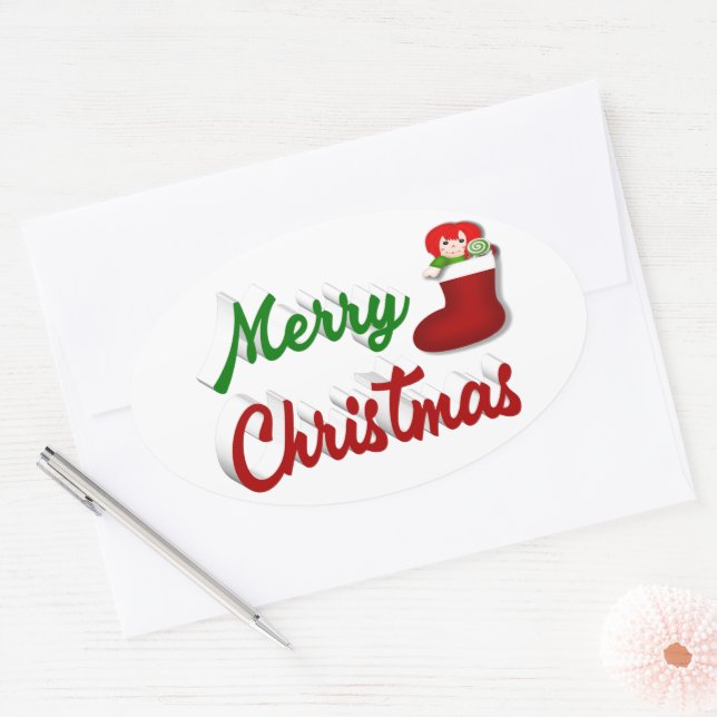 Merry Christmas Stocking red green script Oval Sticker (Envelope)