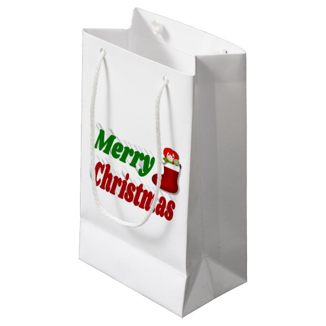 Merry Christmas Stocking red green typography Small Gift Bag (Front Angled)