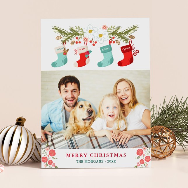 Merry Christmas Stockings Names Pet Family Photo Holiday Card (Creator Uploaded)