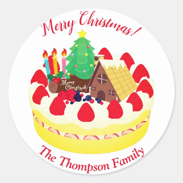 Merry Christmas Strawberry Cake Classic Round Stic Sticker (Front)