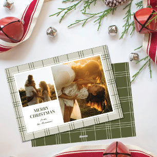 Merry Christmas Stripe Plaid Two Photo Frame Holiday Card