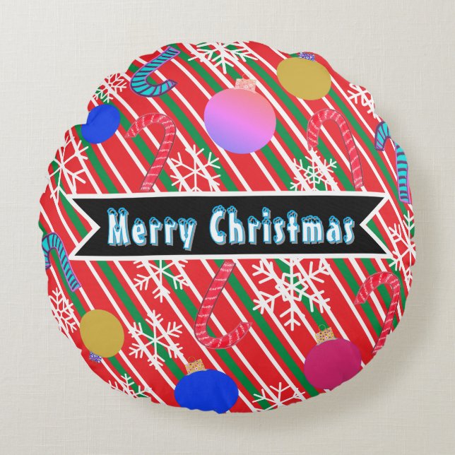 Merry Christmas Stripes Candy Canes Ornaments  Round Cushion (Front)