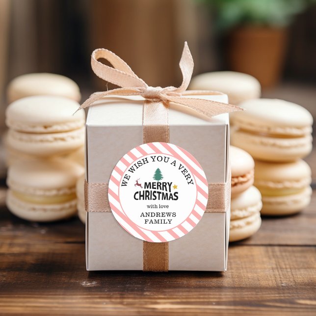 "Merry Christmas" Stripes-Deer Tree Star Classic Round Sticker (Creator Uploaded)
