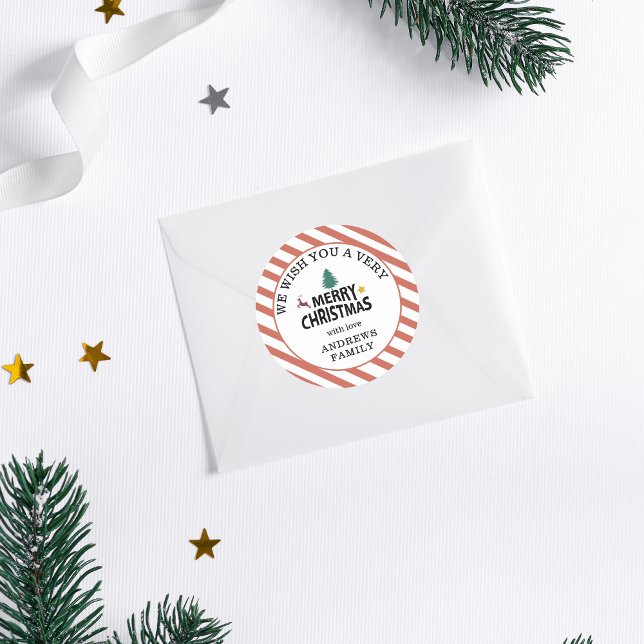 "Merry Christmas" Stripes-Deer Tree Star Classic Round Sticker (Creator Uploaded)