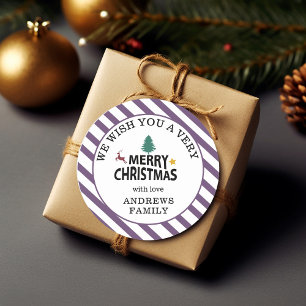 "Merry Christmas" Stripes-Deer Tree Star Classic Round Sticker