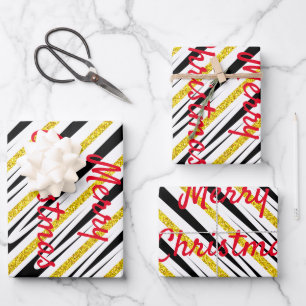 Merry Christmas Stripes Pattern Gold Glitter Artsy Wrapping Paper Sheet