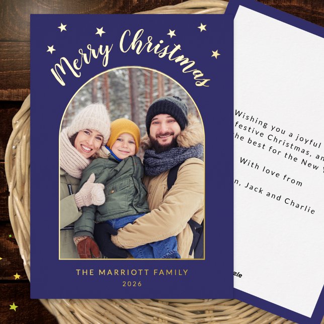 Merry Christmas Stylish Blue Custom Photo (A dark blue and foil Christmas card with family name, year and custom photo in an arch shaped frame)