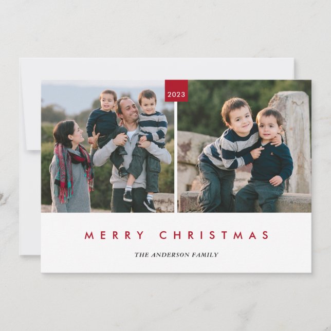 Merry Christmas | Stylish Minimal 2 Photo Holiday Card (Front)