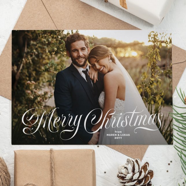 Merry Christmas stylish script simple photo Holiday Card (Creator Uploaded)