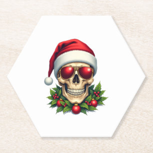 Merry Christmas Sugar Skull Santa Hat Family Xmas Paper Coaster
