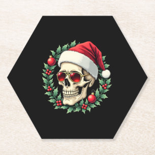 Merry Christmas Sugar Skull Santa Hat Family Xmas Paper Coaster