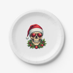 Merry Christmas Sugar Skull Santa Hat Family Xmas Paper Plate