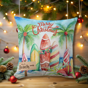 Merry Christmas Surfboards on the Beach Cushion