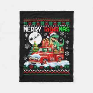 Merry Christmas Sweater Santa T-rex On Ckup Truck  Fleece Blanket