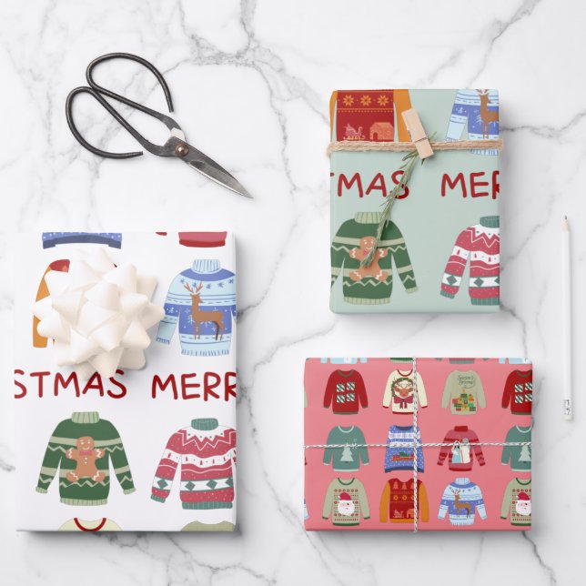 Merry Christmas Sweaters Wrapping Paper Sheet (Front)