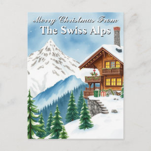 Merry Christmas Swiss Alps Snowy Chalet Mountain Postcard