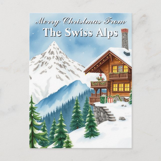 Merry Christmas Swiss Alps Snowy Chalet Mountain  Postcard (Front)