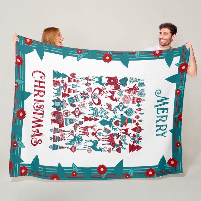 Merry Christmas Symbol Nordic Floral Border Winter Fleece Blanket (In Situ)