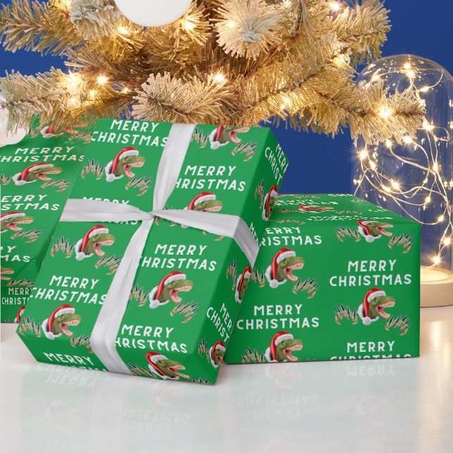 Merry Christmas T-Rex Dinosaur Pattern Wrapping Paper (Holidays)