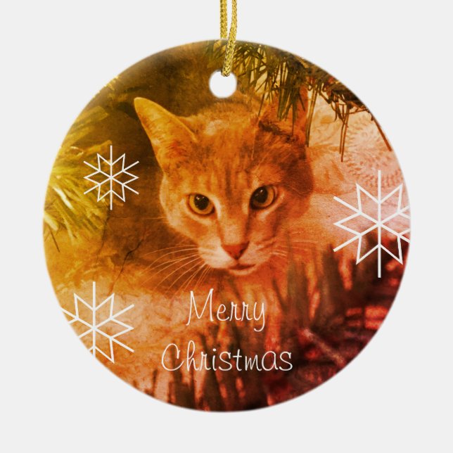 Merry Christmas Tabby Cat Snowflakes Ceramic Tree Decoration (Front)