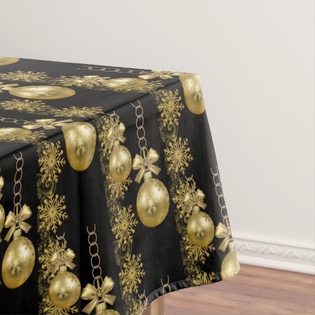 Merry Christmas Tablecloth, Gold Balls Black Tablecloth (In Situ)