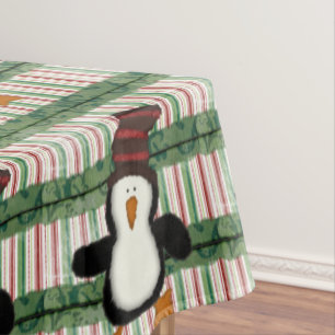 Merry Christmas Tablecloth, Green Plaid Penguin  Tablecloth
