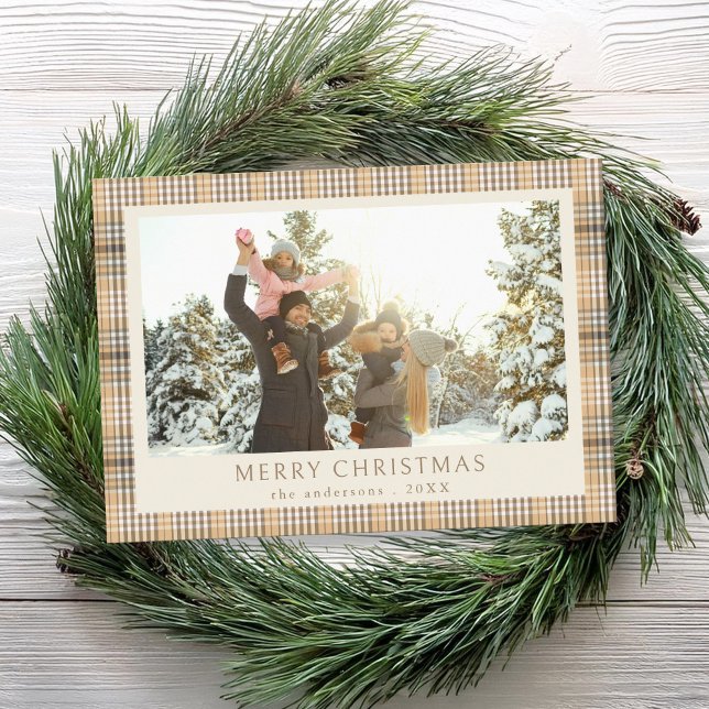Merry Christmas Tan Plaid Photo Holiday Card (Creator Uploaded)