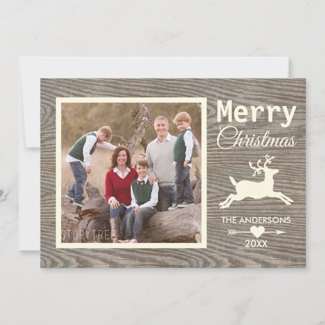 Merry Christmas Tan Rustic Wood Family Photo Holiday Card (Front)