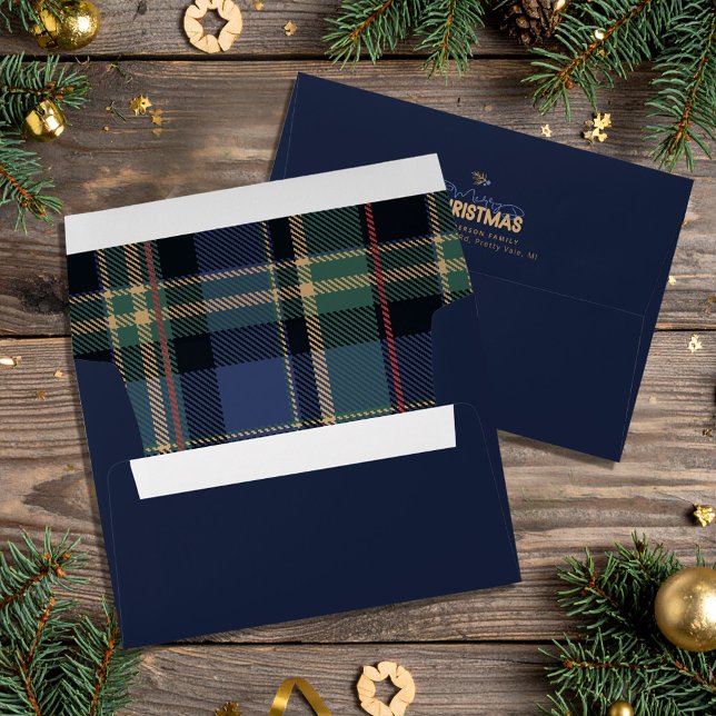 Merry Christmas Tartan Navy Blue Green ID1141B Envelope (Creator Uploaded)
